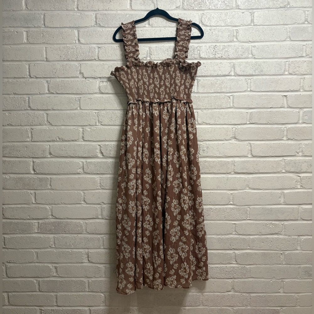 Altar'd State Mocha Ania Dress / Smocked Maxi Sundress Size L
